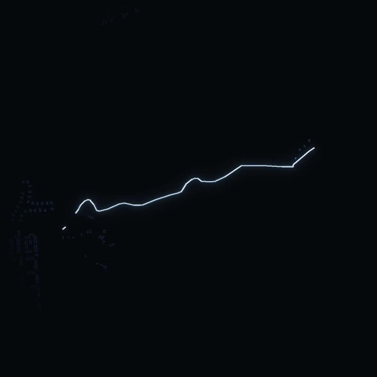 The street at night: Nyodlingsstigen drawn in white, its buildings lit in the colour of their area’s income