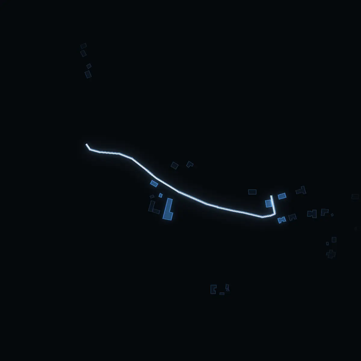 The street at night: Ö Brosättra drawn in white, its buildings lit in the colour of their area’s income