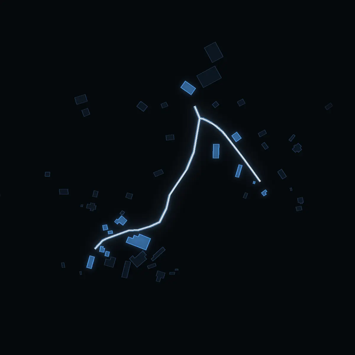 The street at night: Östernäs varvsväg drawn in white, its buildings lit in the colour of their area’s income