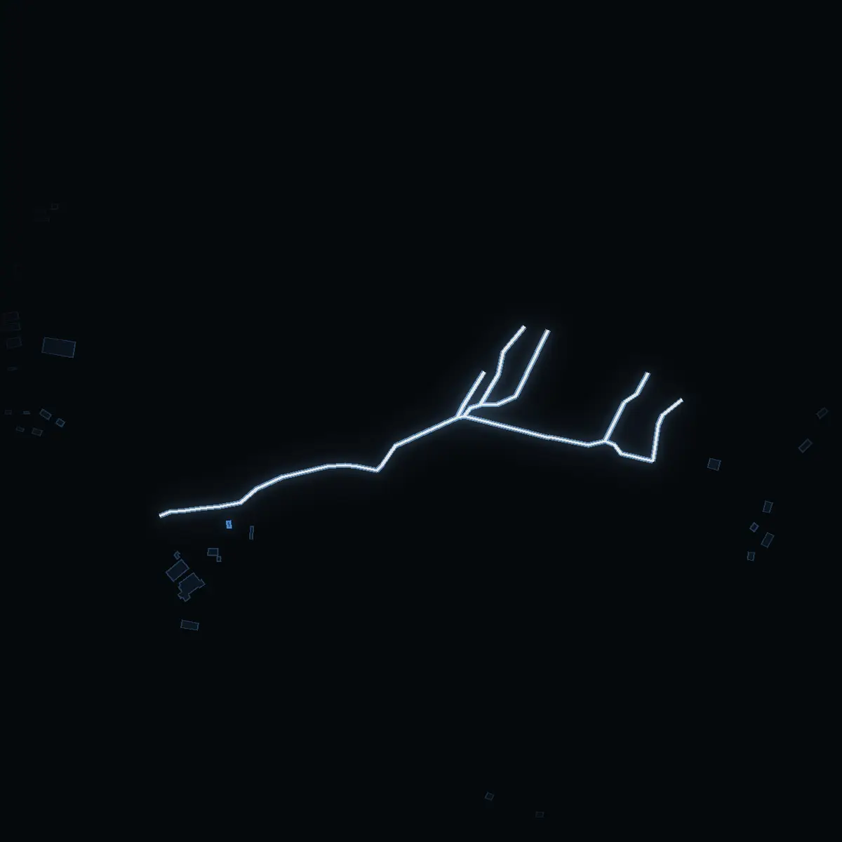 The street at night: Östra byvägen drawn in white, its buildings lit in the colour of their area’s income