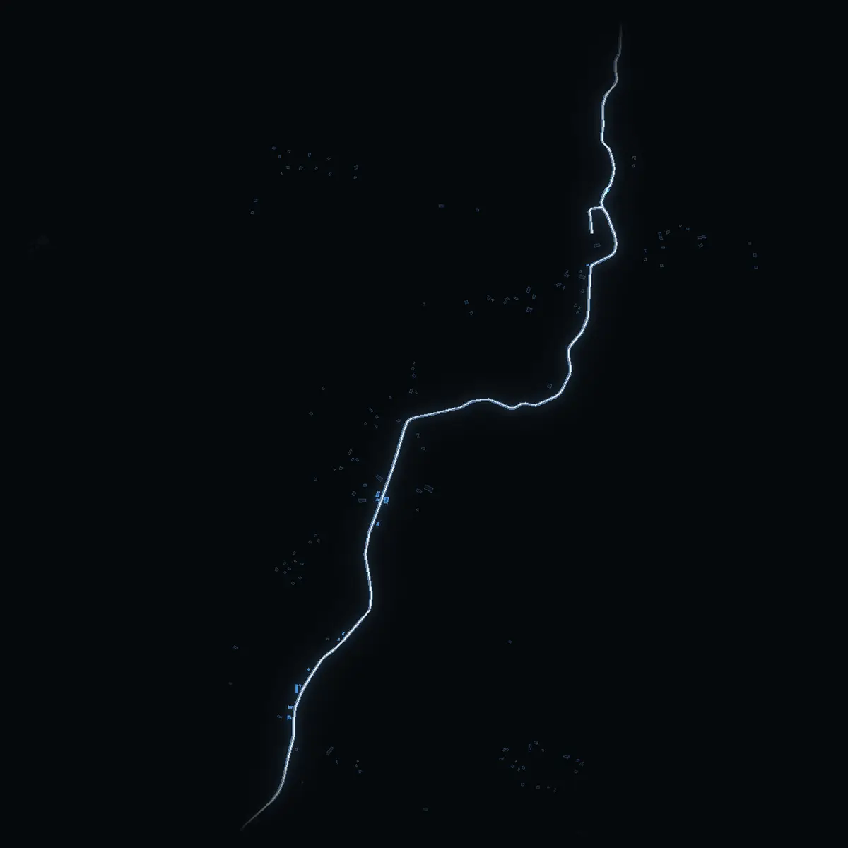 The street at night: Östra Gillbergavägen drawn in white, its buildings lit in the colour of their area’s income