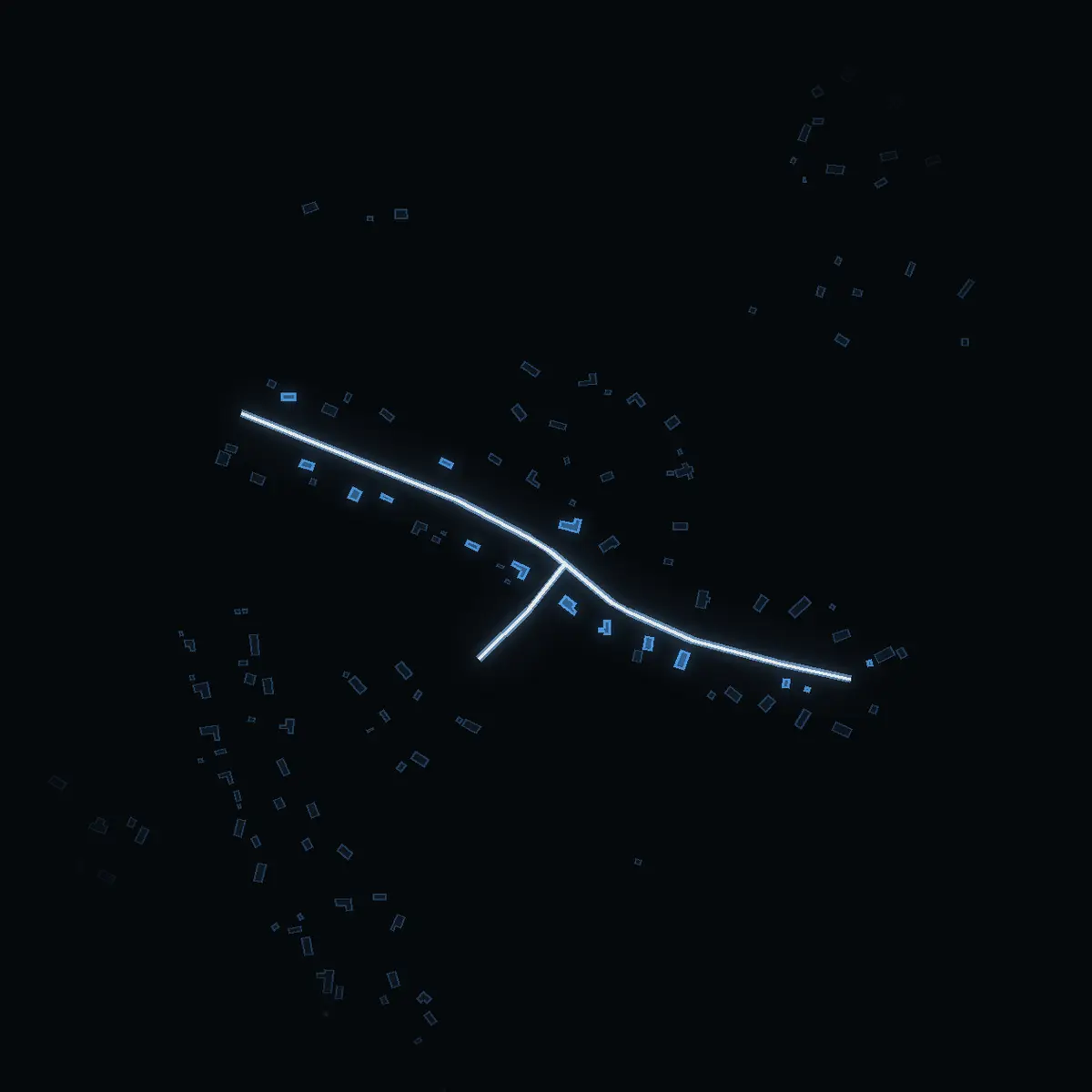 The street at night: Pelikanvägen drawn in white, its buildings lit in the colour of their area’s income