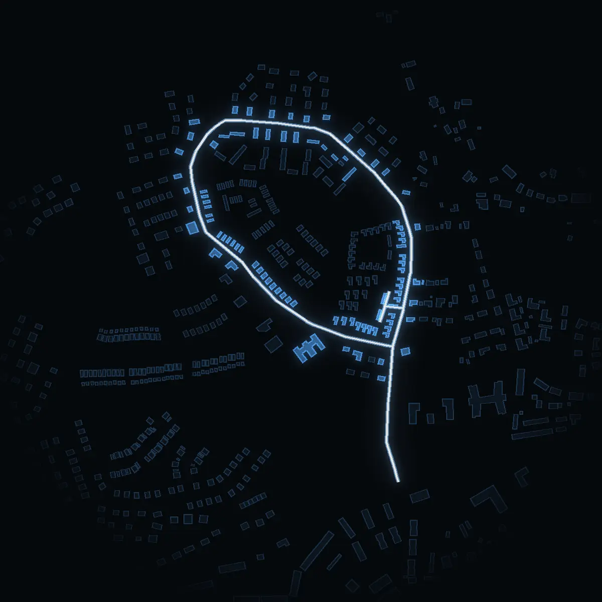 The street at night: Planetvägen drawn in white, its buildings lit in the colour of their area’s income