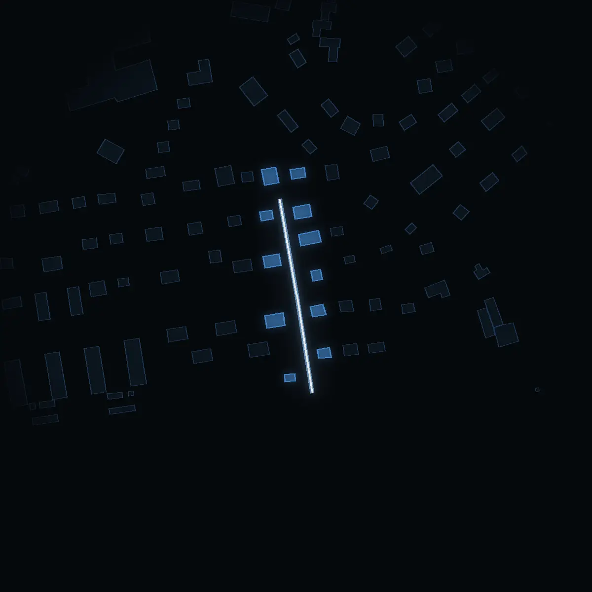 The street at night: Port Arthurgatan drawn in white, its buildings lit in the colour of their area’s income