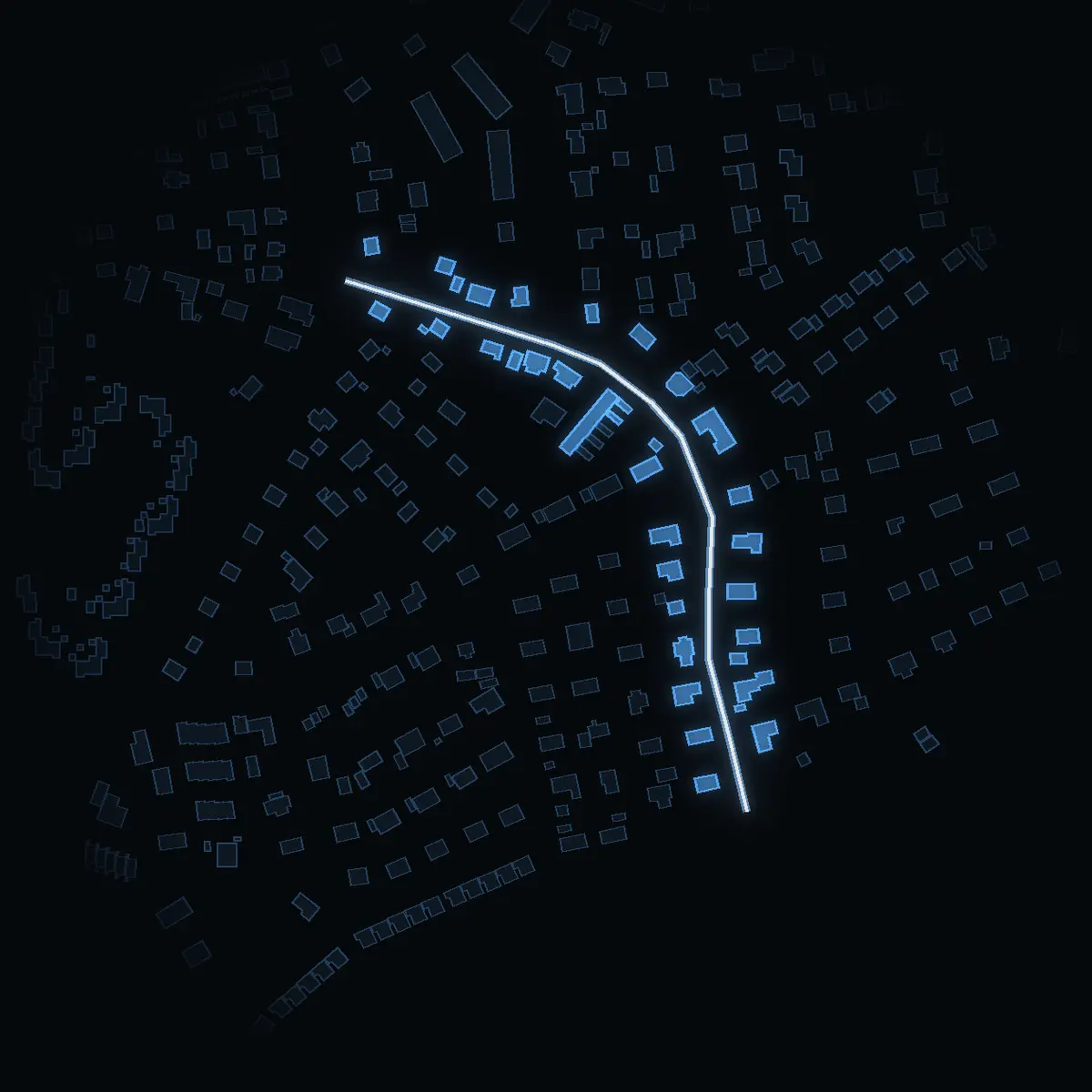 The street at night: Rådmansgatan drawn in white, its buildings lit in the colour of their area’s income