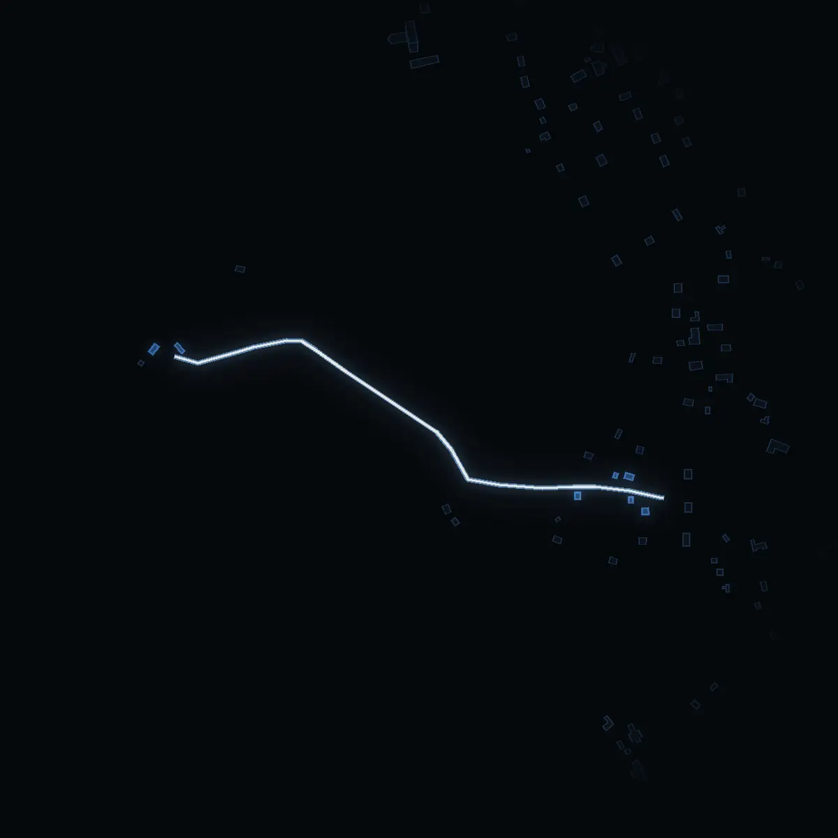 The street at night: Rosendalsvägen drawn in white, its buildings lit in the colour of their area’s income