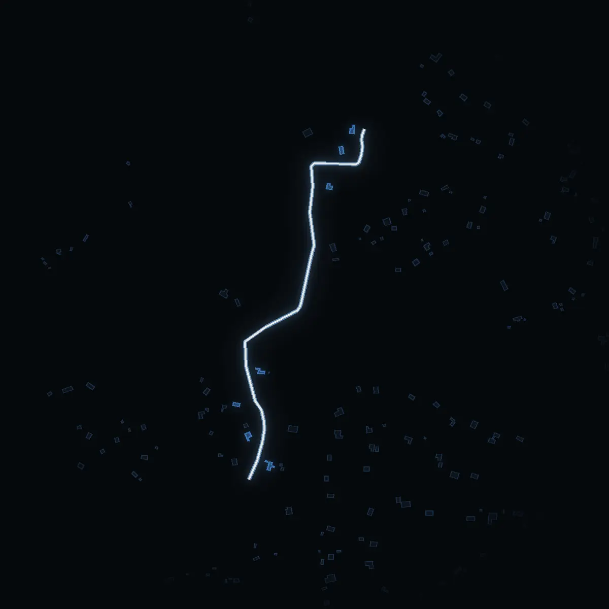 The street at night: Sättra Bergsvägen drawn in white, its buildings lit in the colour of their area’s income