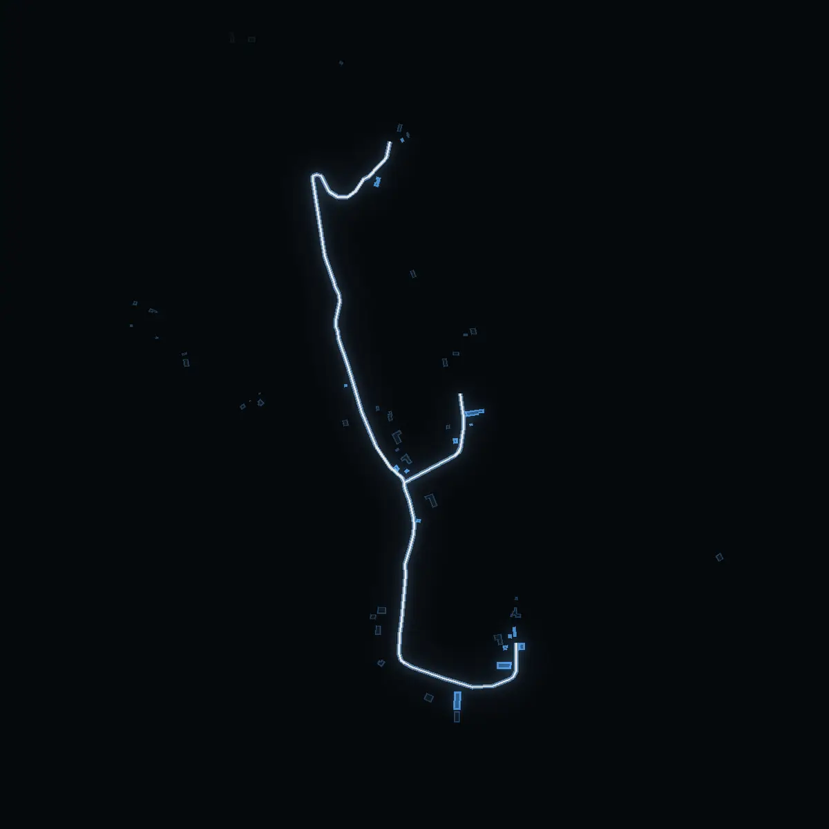 The street at night: Sika drawn in white, its buildings lit in the colour of their area’s income