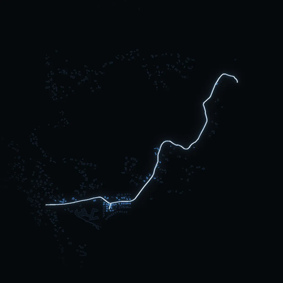 The street at night: Skatuddsvägen drawn in white, its buildings lit in the colour of their area’s income