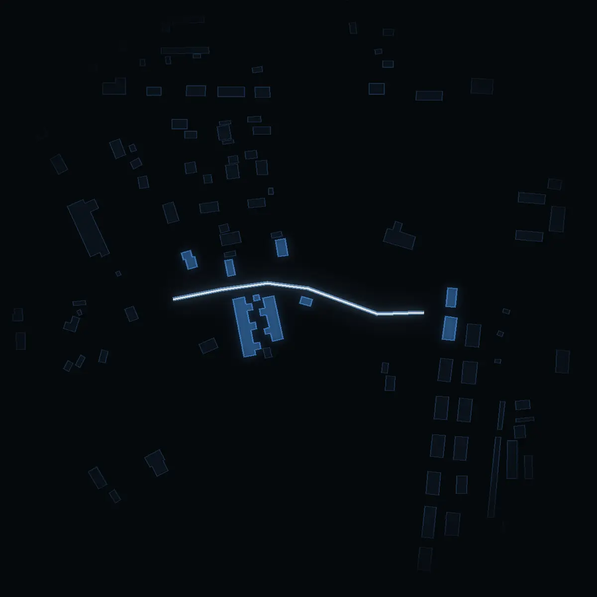 The street at night: Smedsvägen drawn in white, its buildings lit in the colour of their area’s income