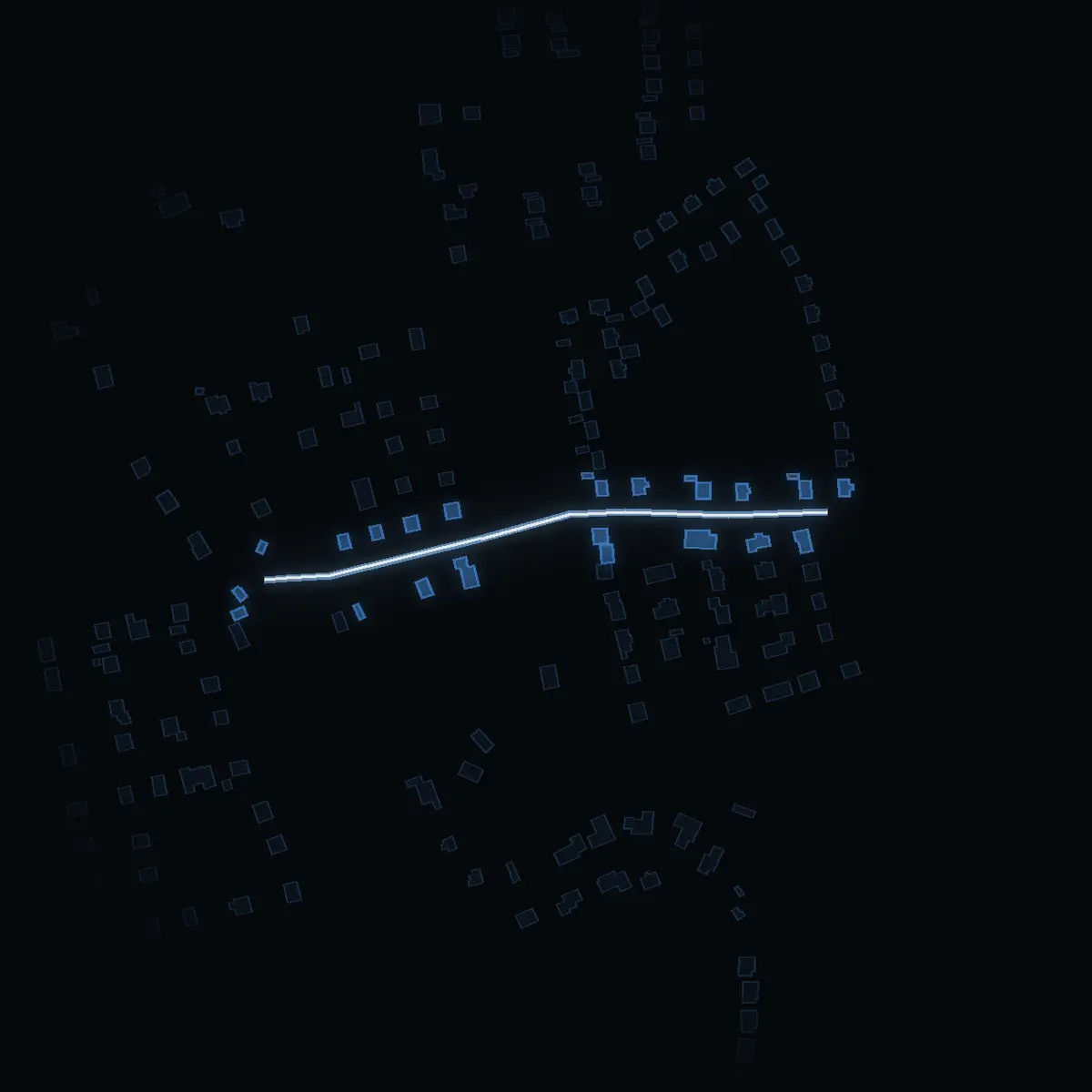 The street at night: Sofiavägen (Hallstavik tätort) drawn in white, its buildings lit in the colour of their area’s income