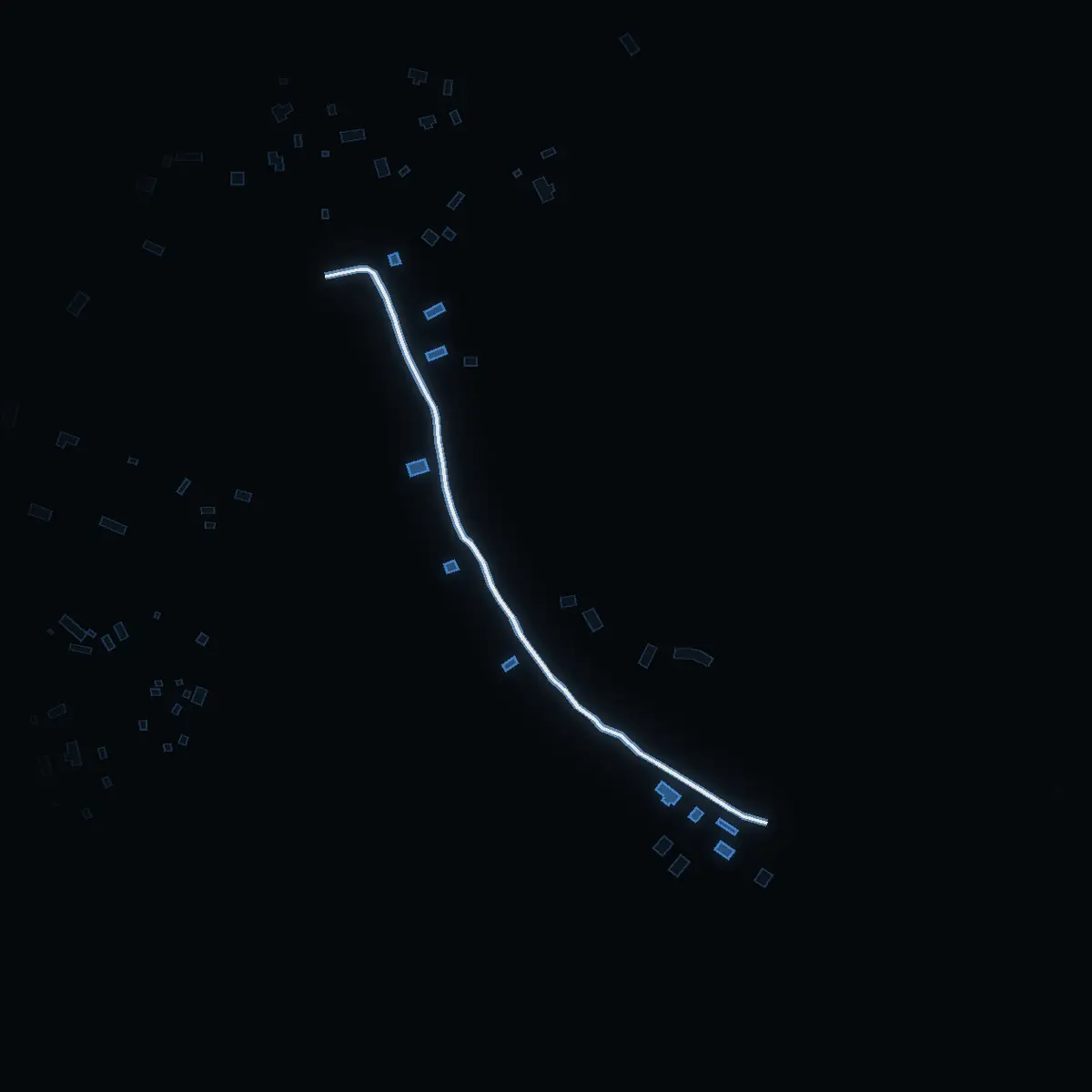 The street at night: Stenbacknäsvägen drawn in white, its buildings lit in the colour of their area’s income