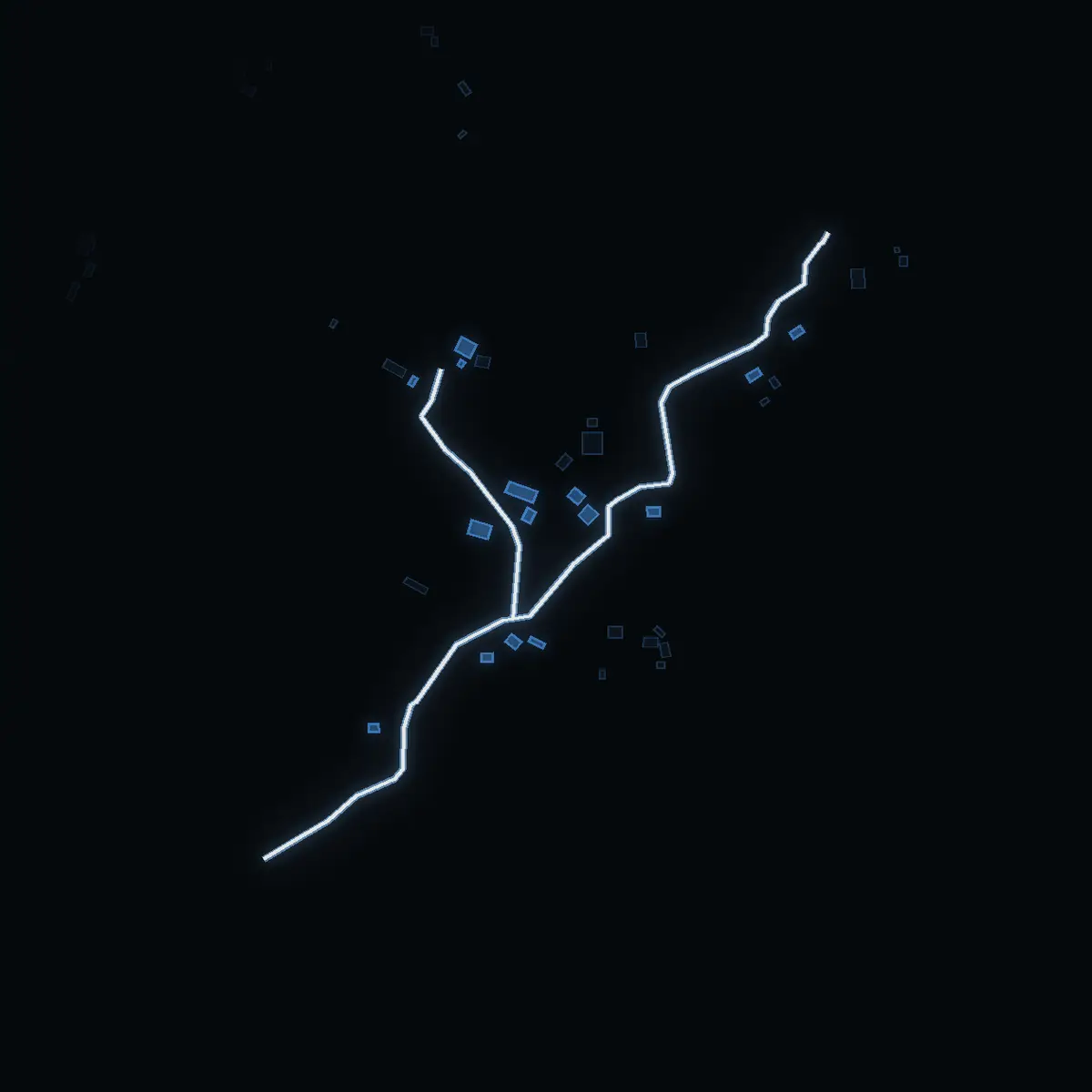 The street at night: Stornotsand drawn in white, its buildings lit in the colour of their area’s income