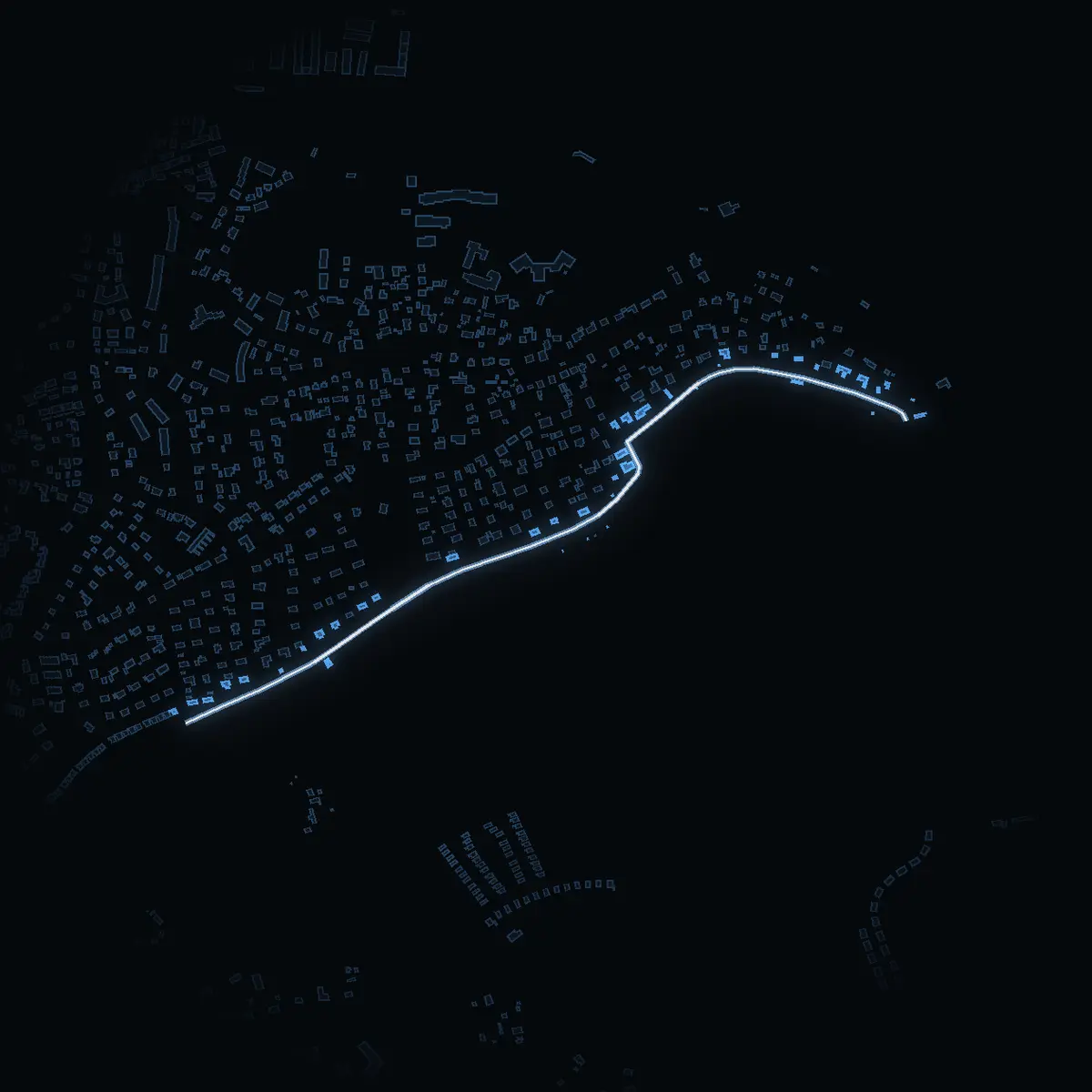 The street at night: Strandvägen drawn in white, its buildings lit in the colour of their area’s income