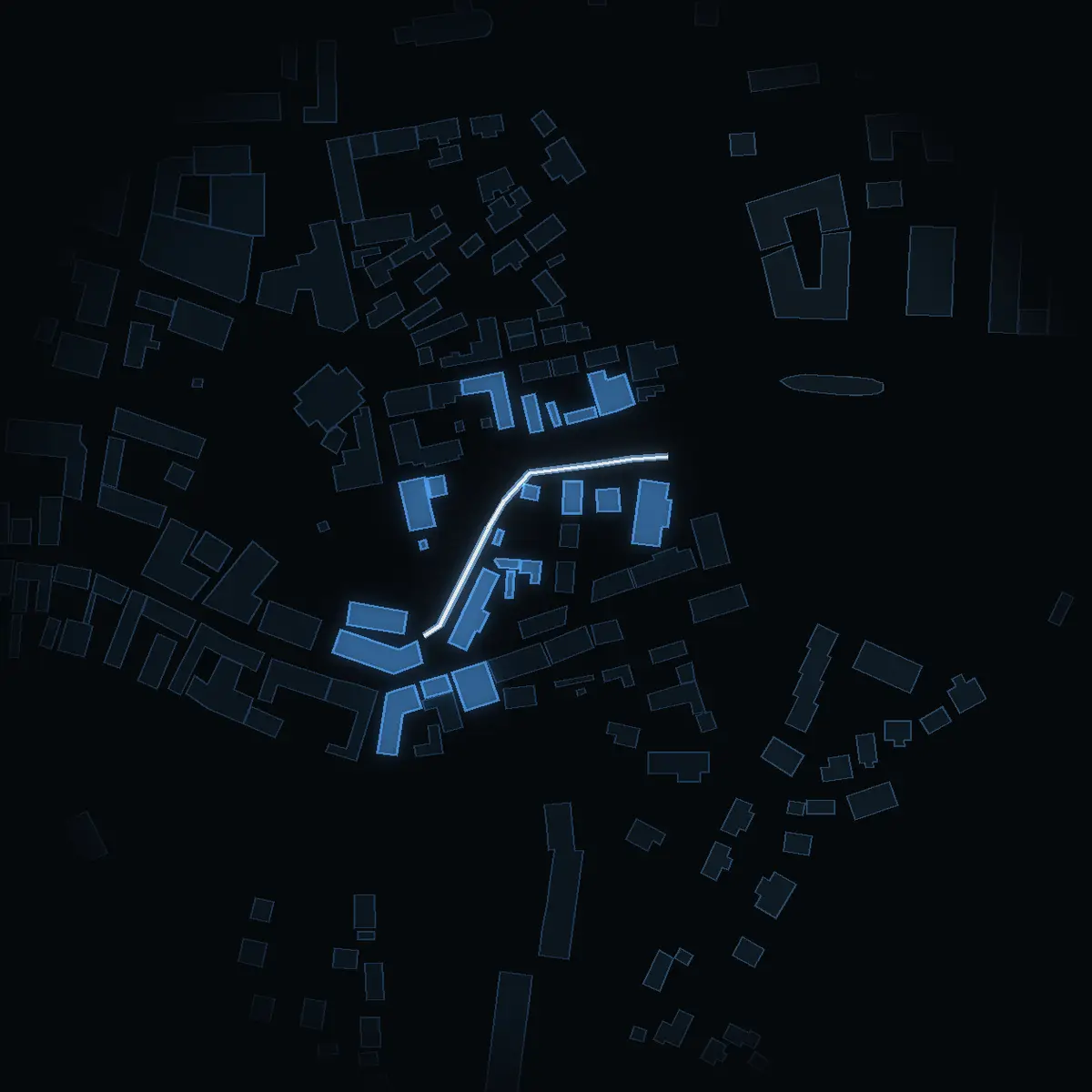 The street at night: Strömgatan drawn in white, its buildings lit in the colour of their area’s income