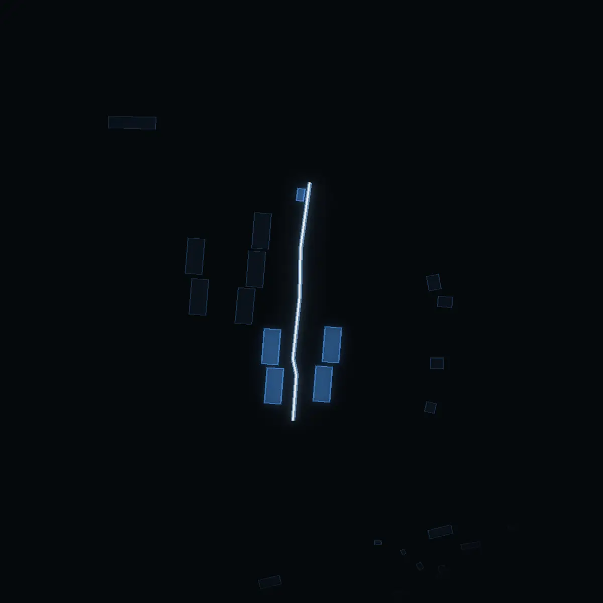 The street at night: Tennviksvägen drawn in white, its buildings lit in the colour of their area’s income