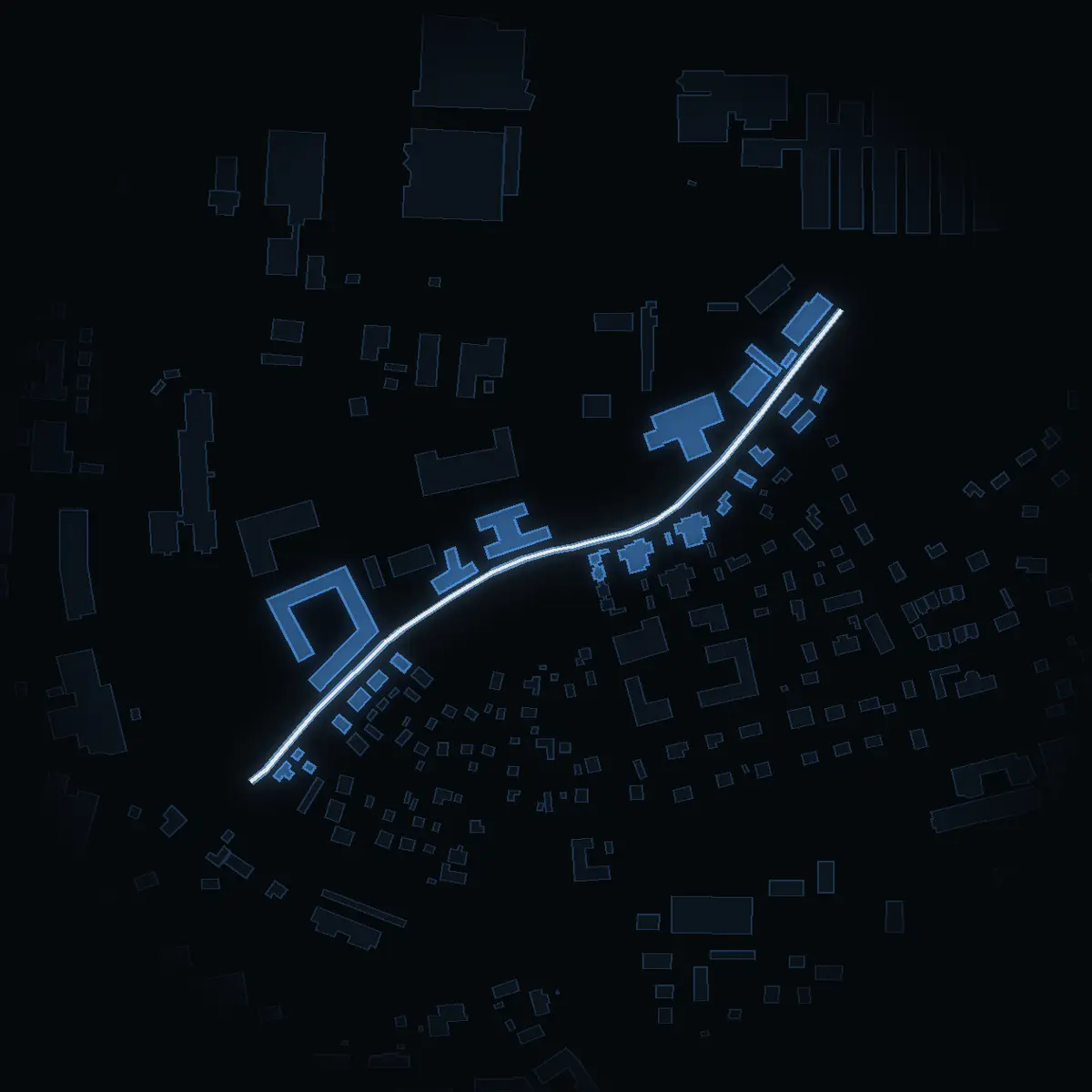 The street at night: Tibeliusgatan drawn in white, its buildings lit in the colour of their area’s income