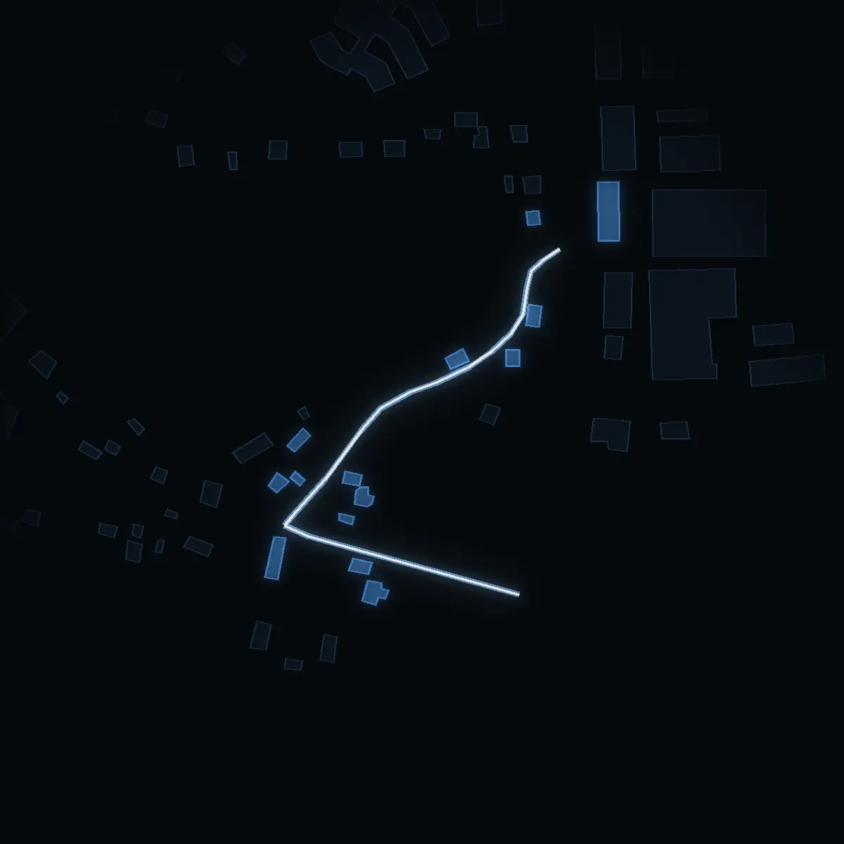 The street at night: Tomta gårdsväg drawn in white, its buildings lit in the colour of their area’s income