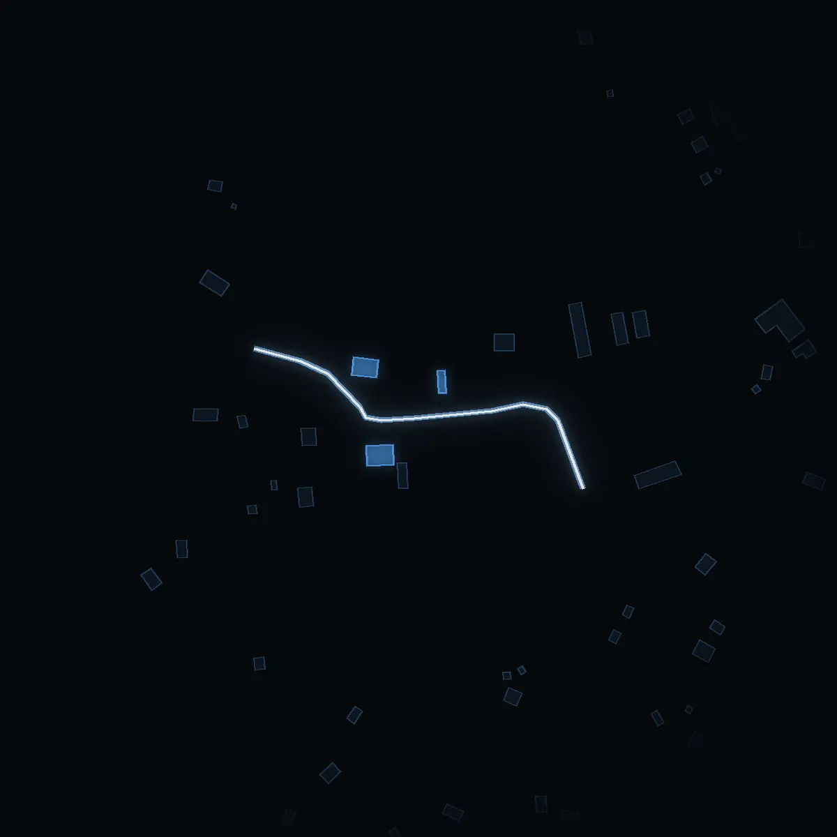 The street at night: Tranholmsvägen drawn in white, its buildings lit in the colour of their area’s income