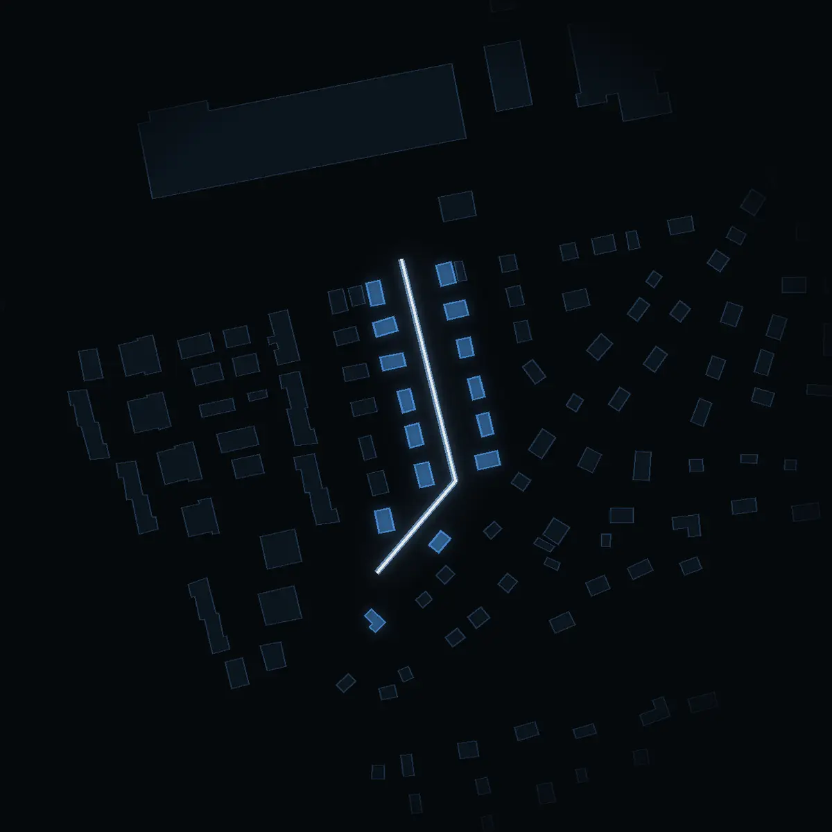 The street at night: Trollvägen drawn in white, its buildings lit in the colour of their area’s income
