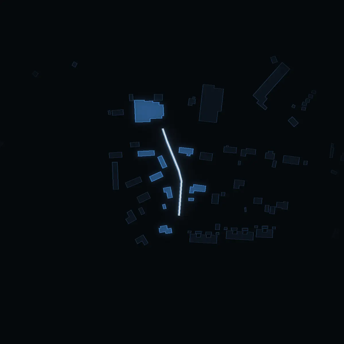 The street at night: Tvärvägen drawn in white, its buildings lit in the colour of their area’s income