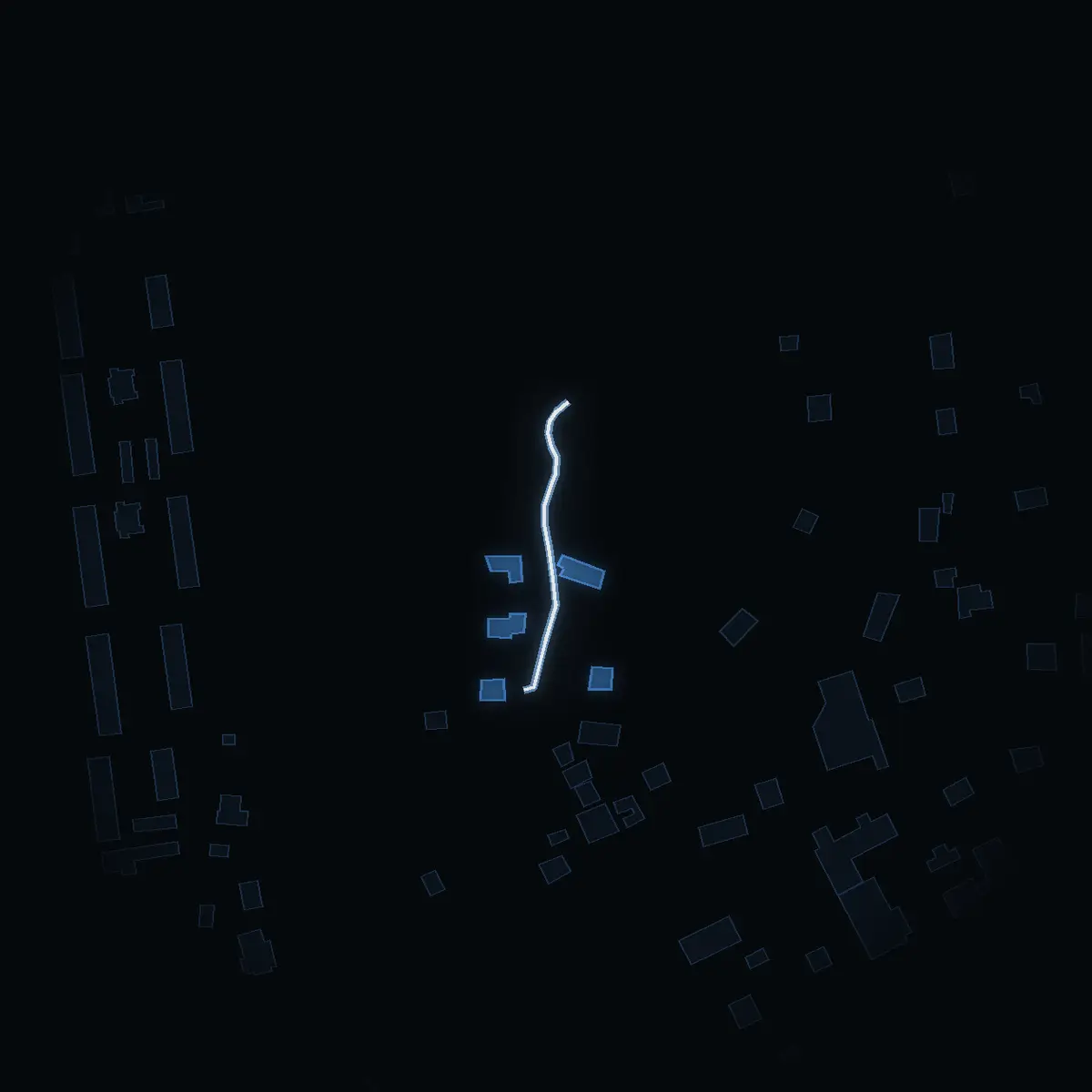 The street at night: Uddvägen drawn in white, its buildings lit in the colour of their area’s income