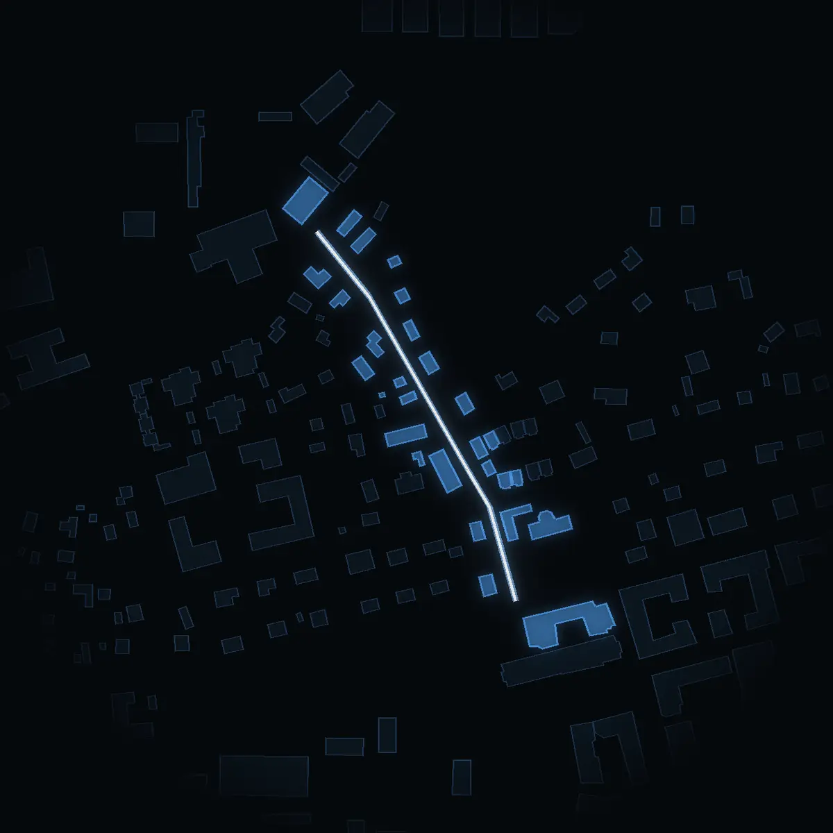The street at night: Vasagatan drawn in white, its buildings lit in the colour of their area’s income