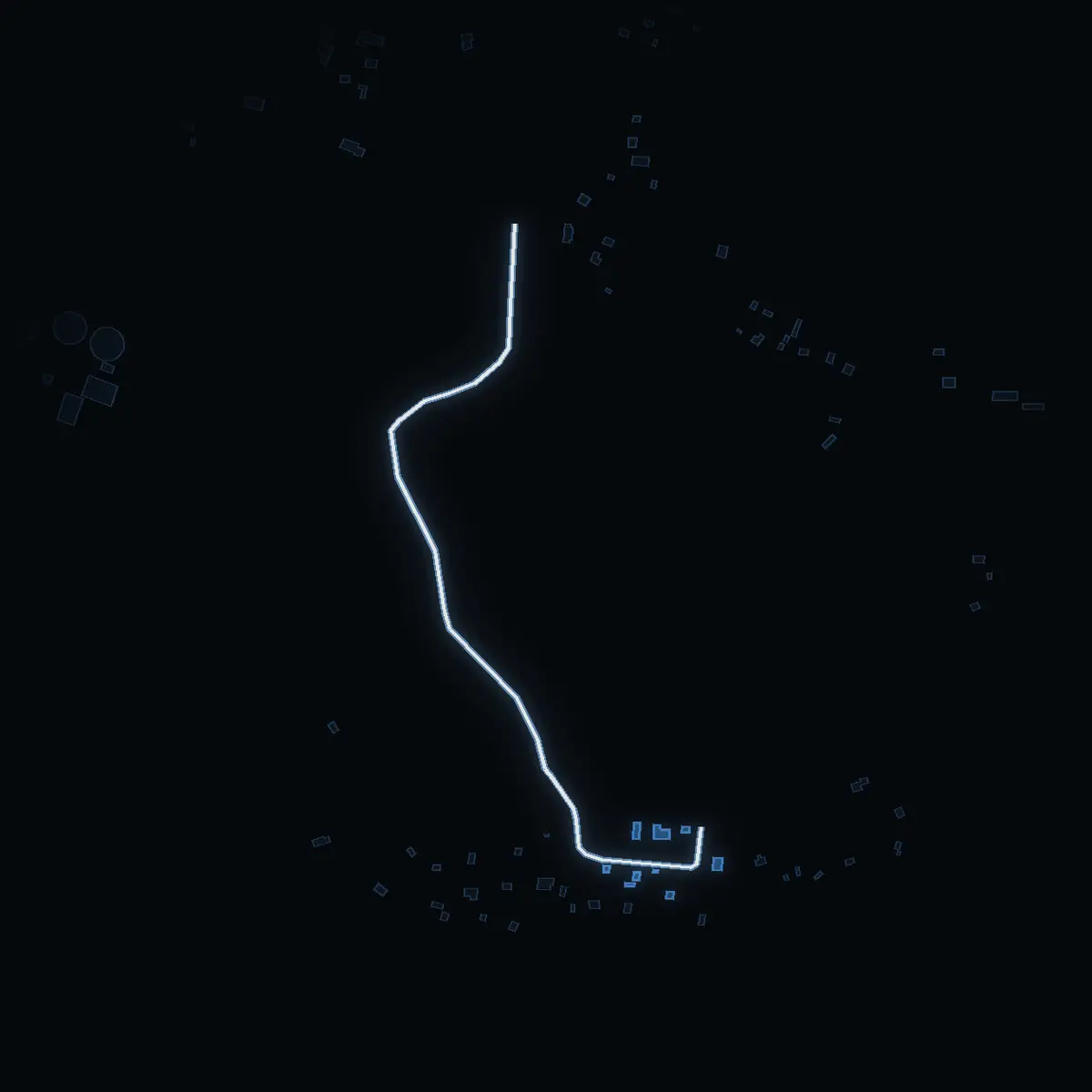 The street at night: Västa Sässövägen drawn in white, its buildings lit in the colour of their area’s income