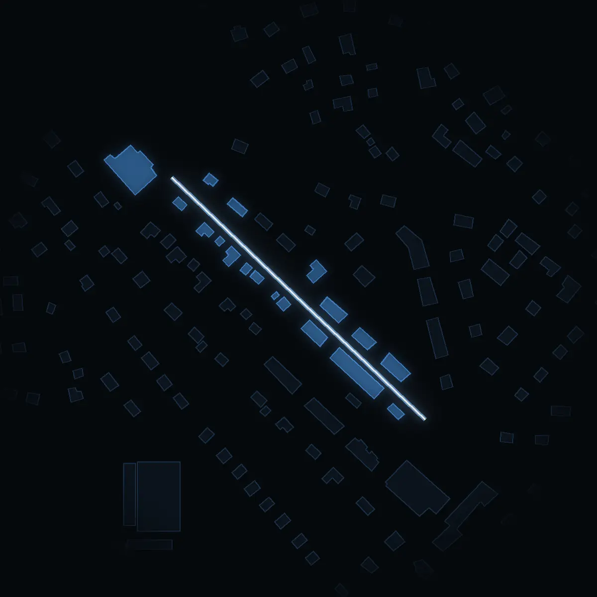 The street at night: Villavägen (Rimbo tätort) drawn in white, its buildings lit in the colour of their area’s income