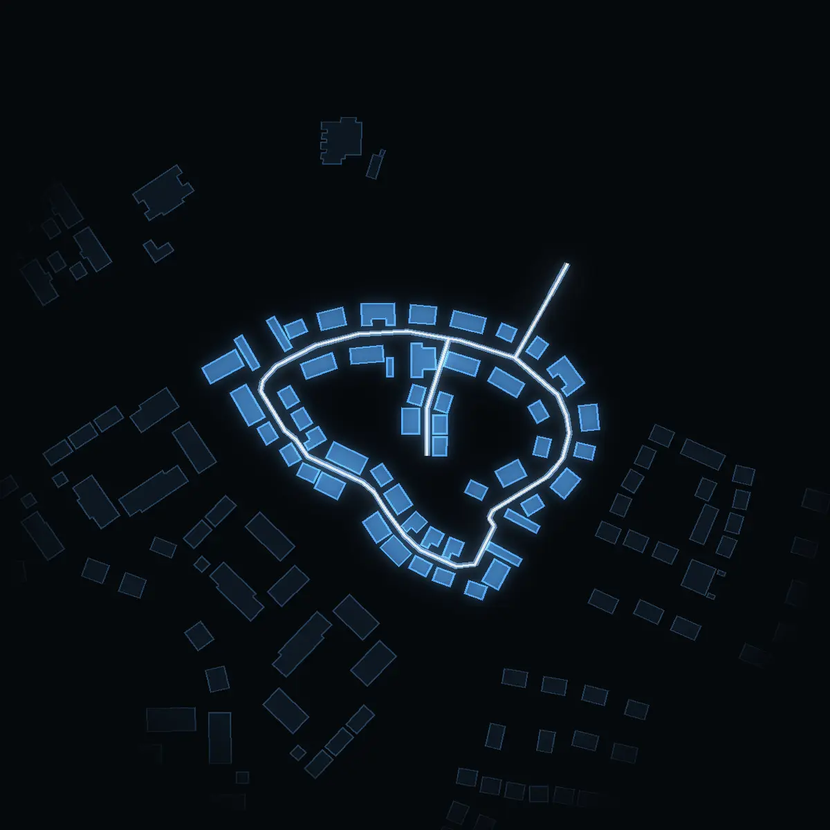 The street at night: Fruktvägen drawn in white, its buildings lit in the colour of their area’s income