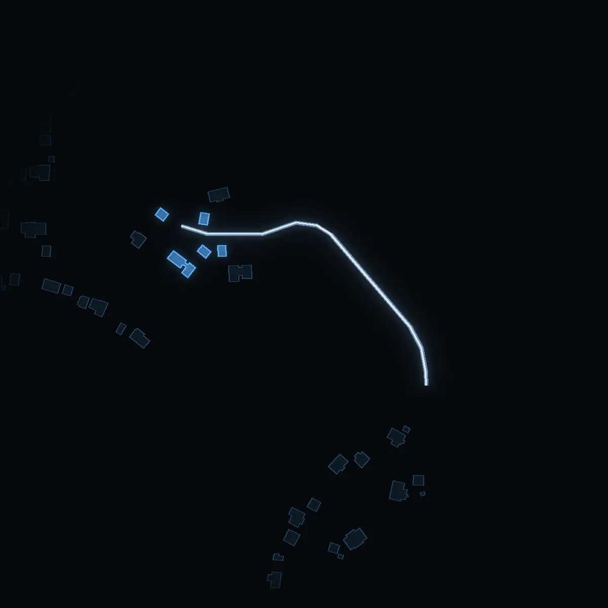 The street at night: Hästhagsvägen drawn in white, its buildings lit in the colour of their area’s income