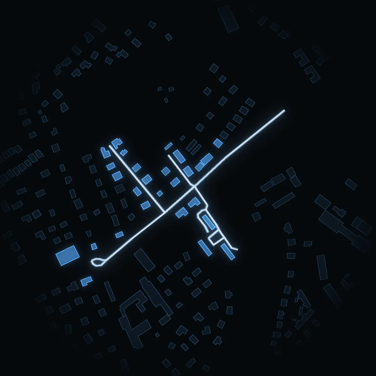 Gatan nattetid: Holländarevägen inritad i vitt, husen tända i färgen för områdets inkomst