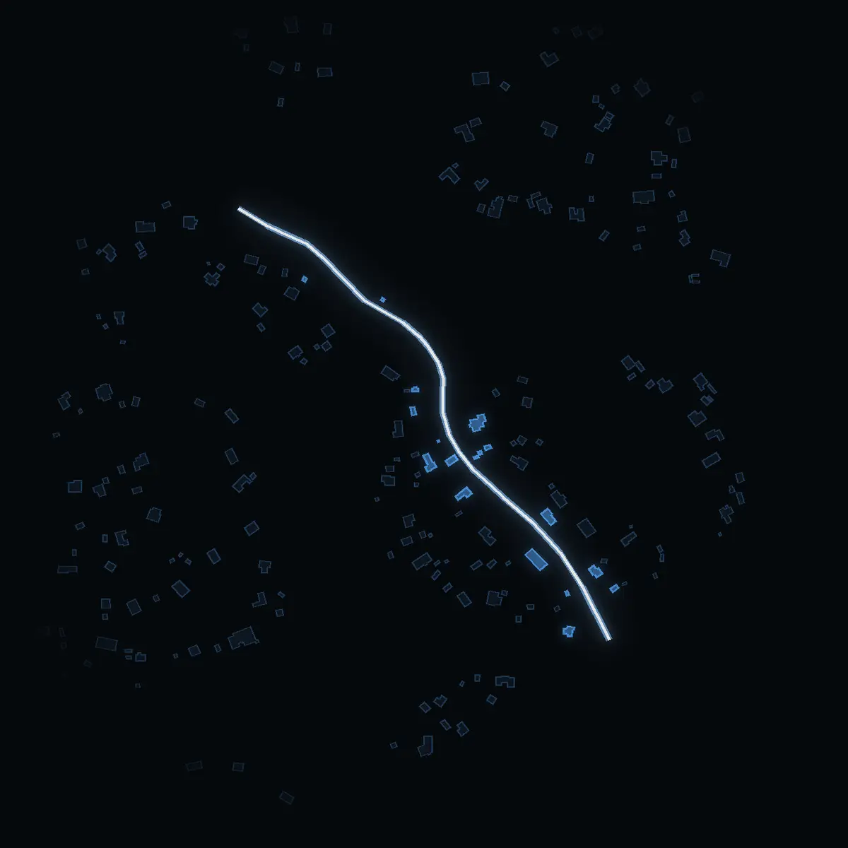 The street at night: Midsommarvägen drawn in white, its buildings lit in the colour of their area’s income