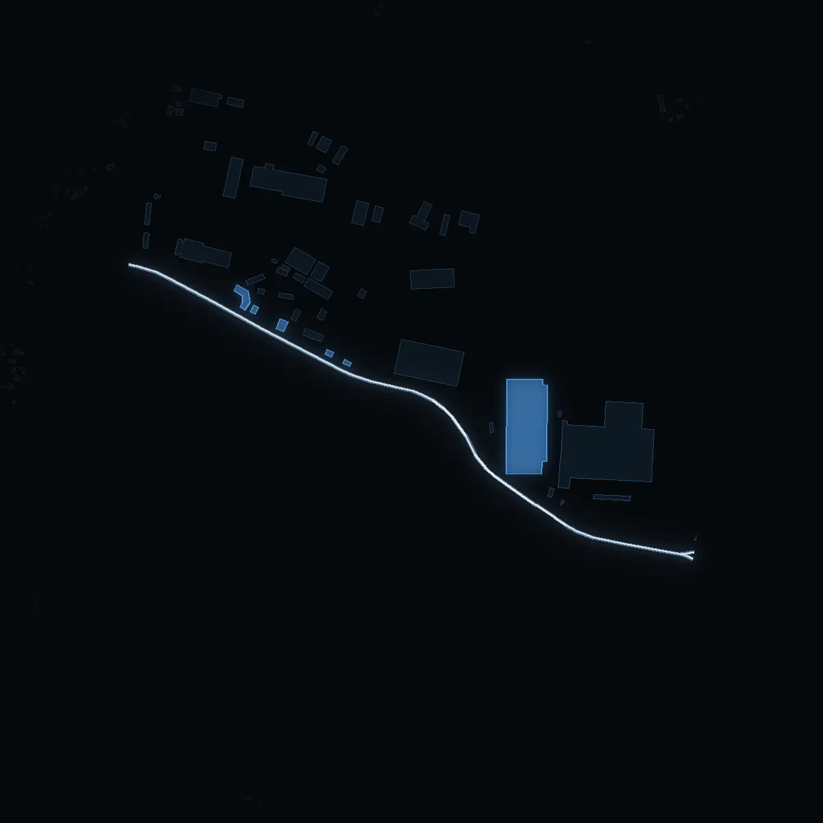 The street at night: Mörbyvägen drawn in white, its buildings lit in the colour of their area’s income