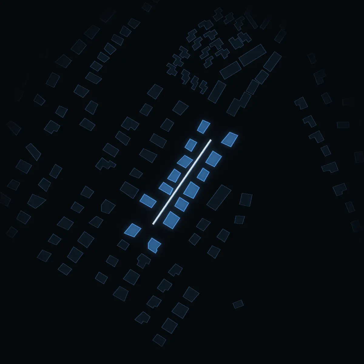 The street at night: Morkullsvägen drawn in white, its buildings lit in the colour of their area’s income