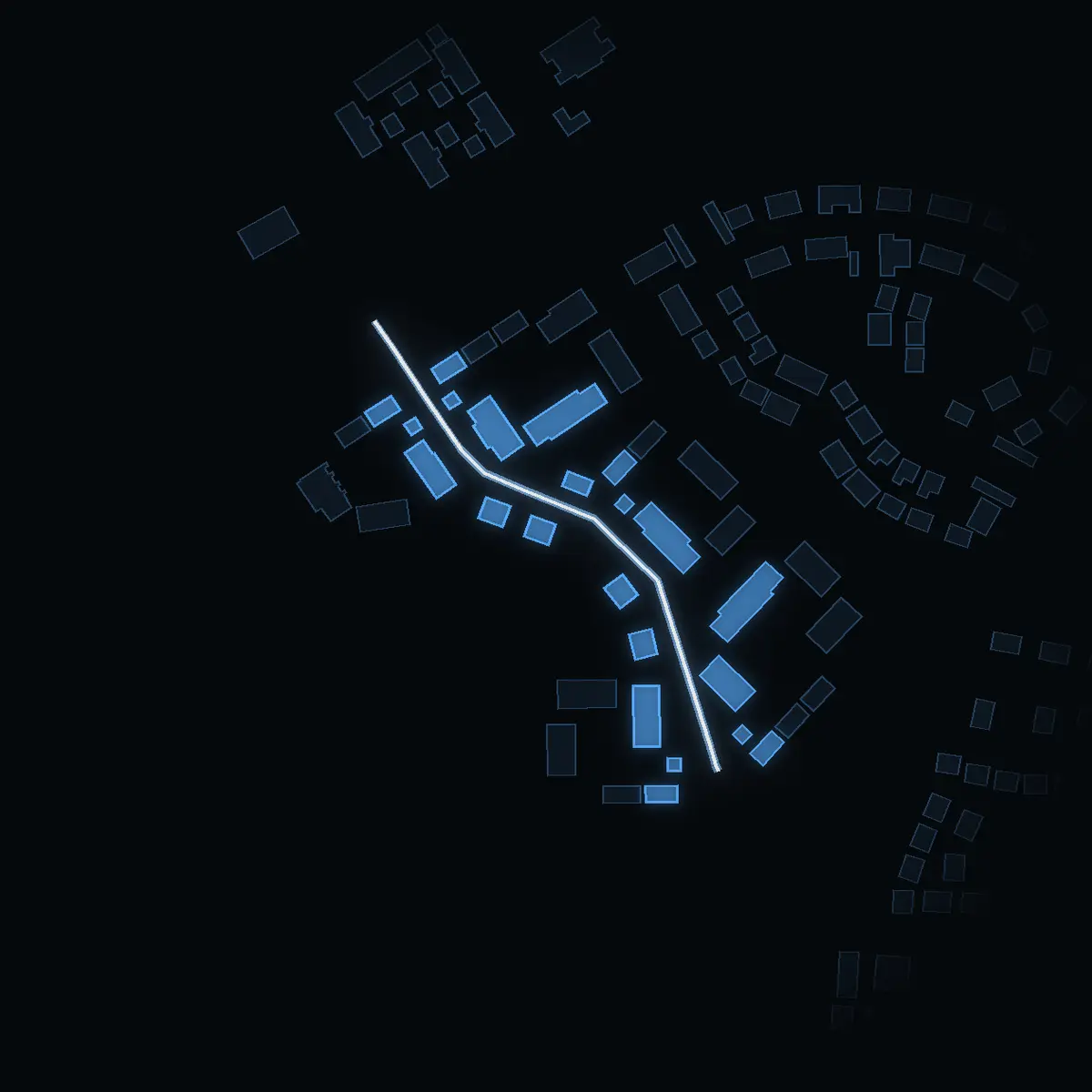 The street at night: Nyponvägen drawn in white, its buildings lit in the colour of their area’s income