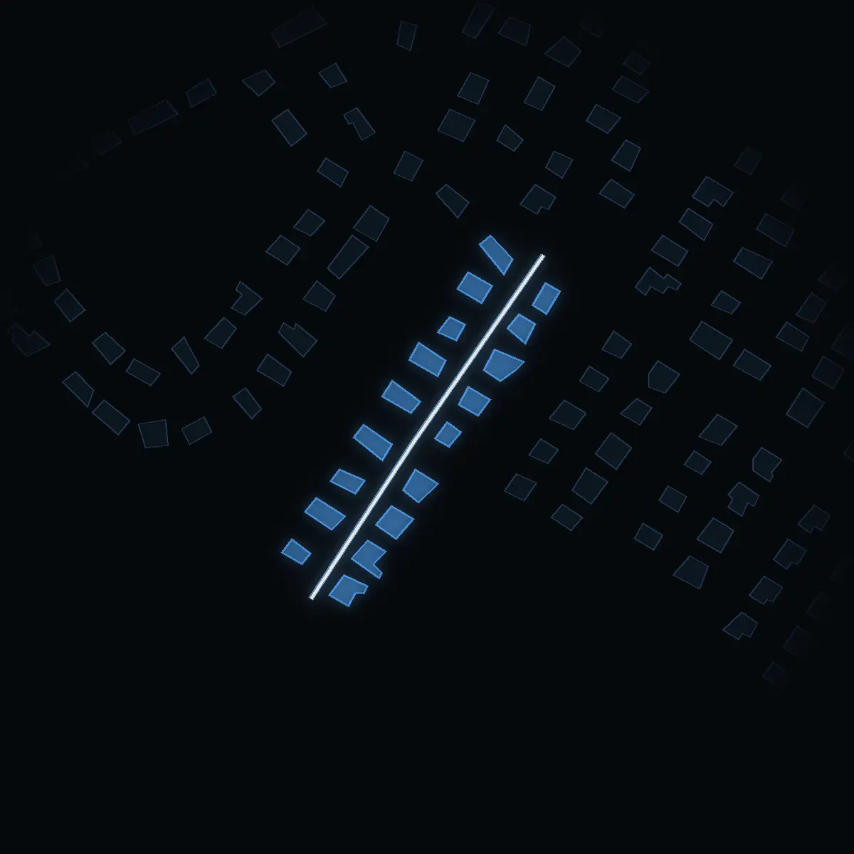 The street at night: Orrvägen drawn in white, its buildings lit in the colour of their area’s income