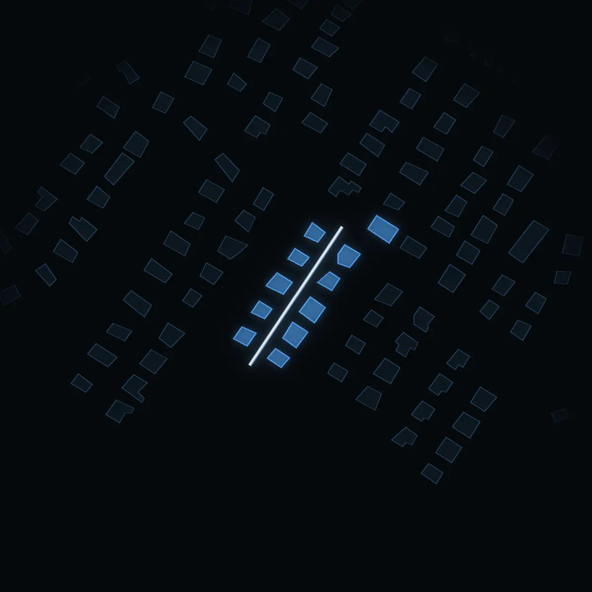The street at night: Ripvägen drawn in white, its buildings lit in the colour of their area’s income