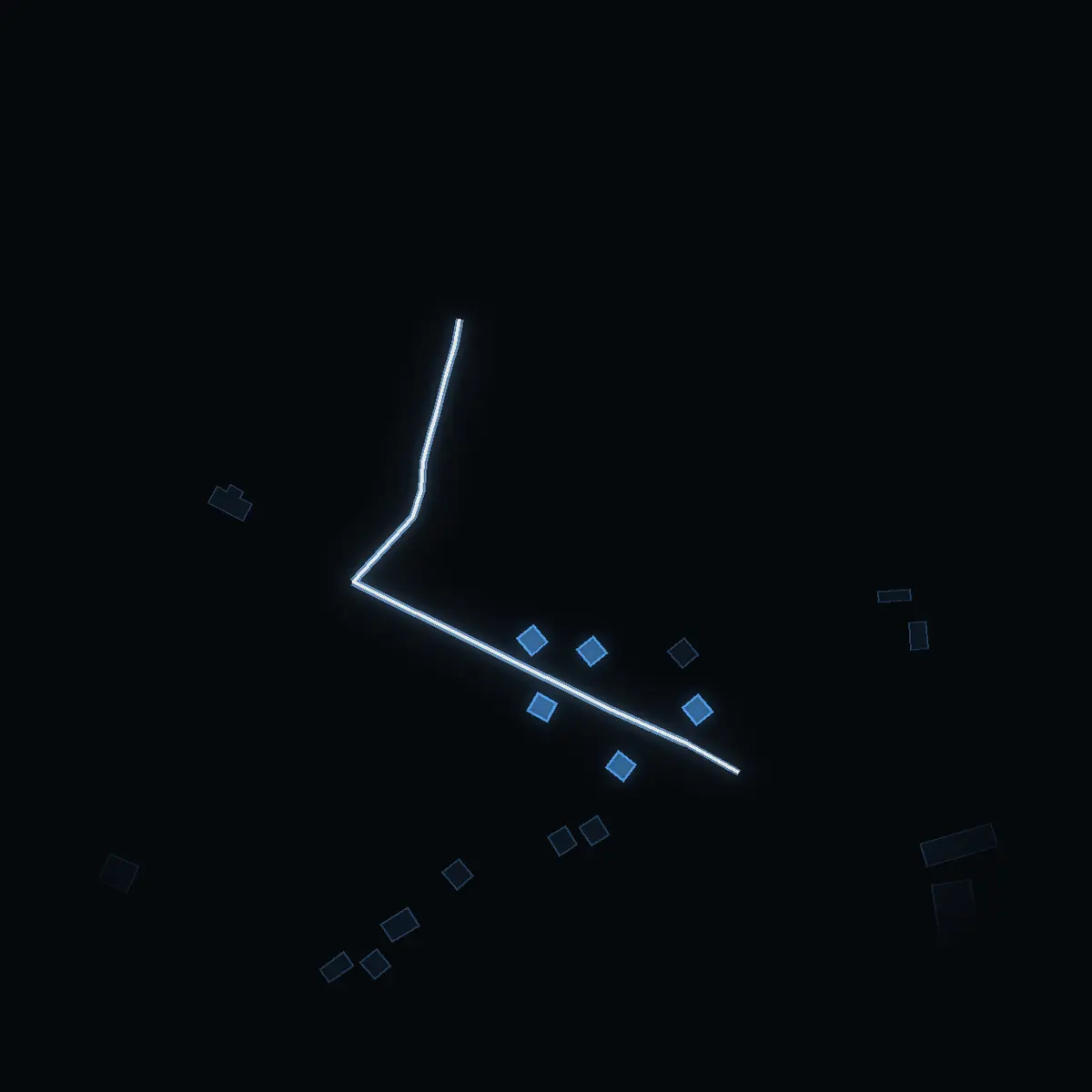 The street at night: Sågbacksvägen drawn in white, its buildings lit in the colour of their area’s income