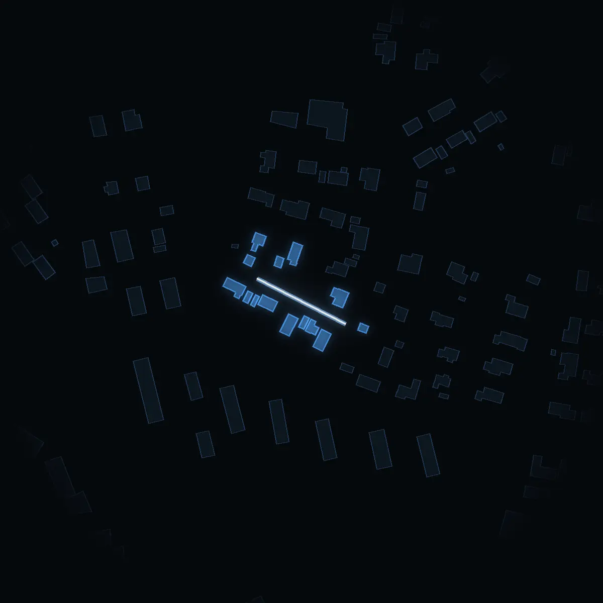The street at night: Sjödalsvägen drawn in white, its buildings lit in the colour of their area’s income