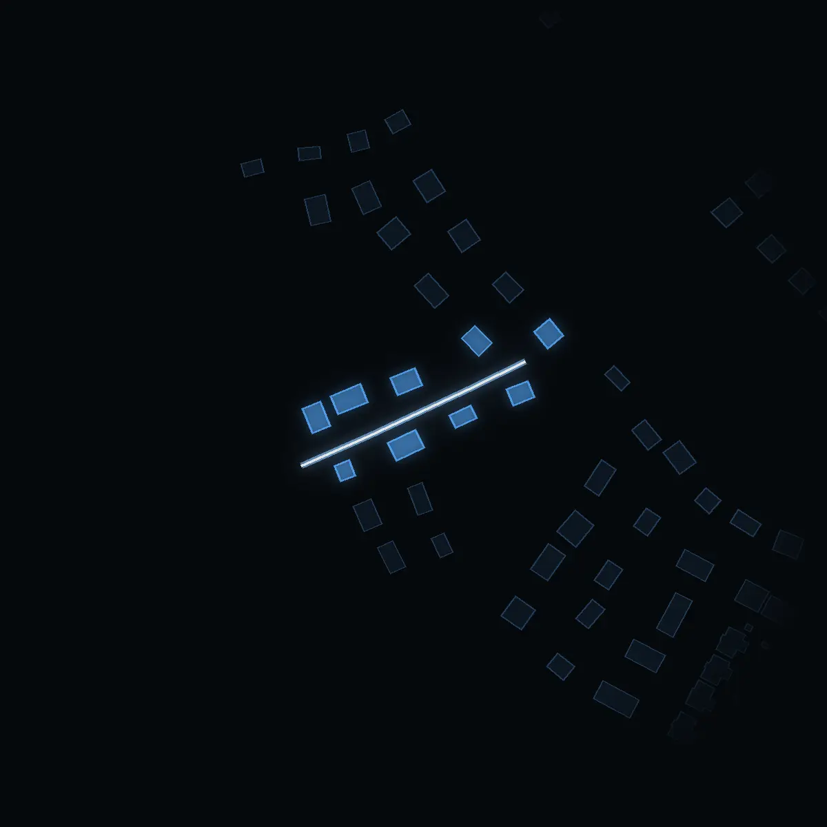 The street at night: Slipstensvägen drawn in white, its buildings lit in the colour of their area’s income