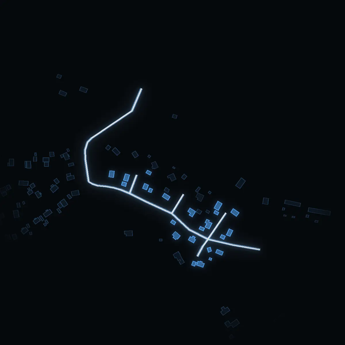 The street at night: Spennarslingan drawn in white, its buildings lit in the colour of their area’s income