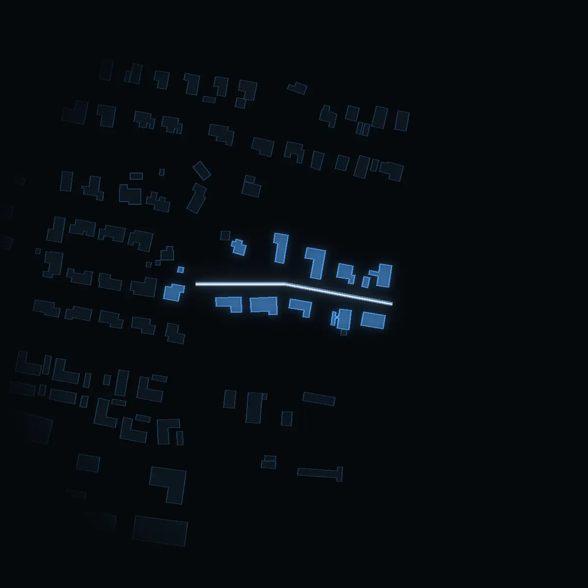 The street at night: Stenåsvägen drawn in white, its buildings lit in the colour of their area’s income