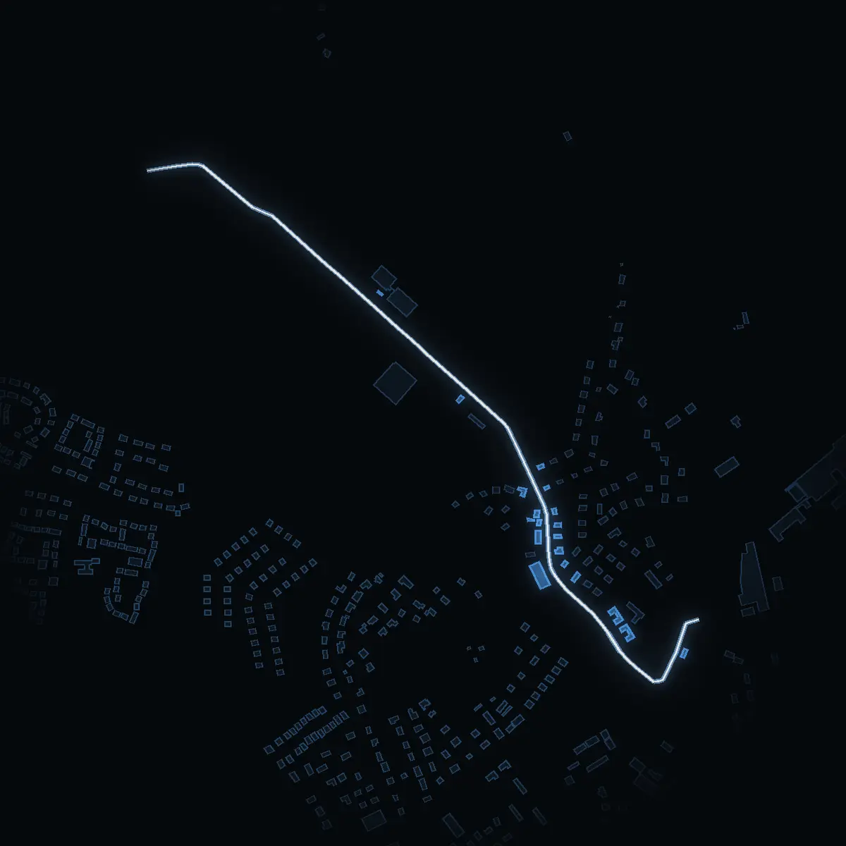 The street at night: Trädgårdsvägen drawn in white, its buildings lit in the colour of their area’s income
