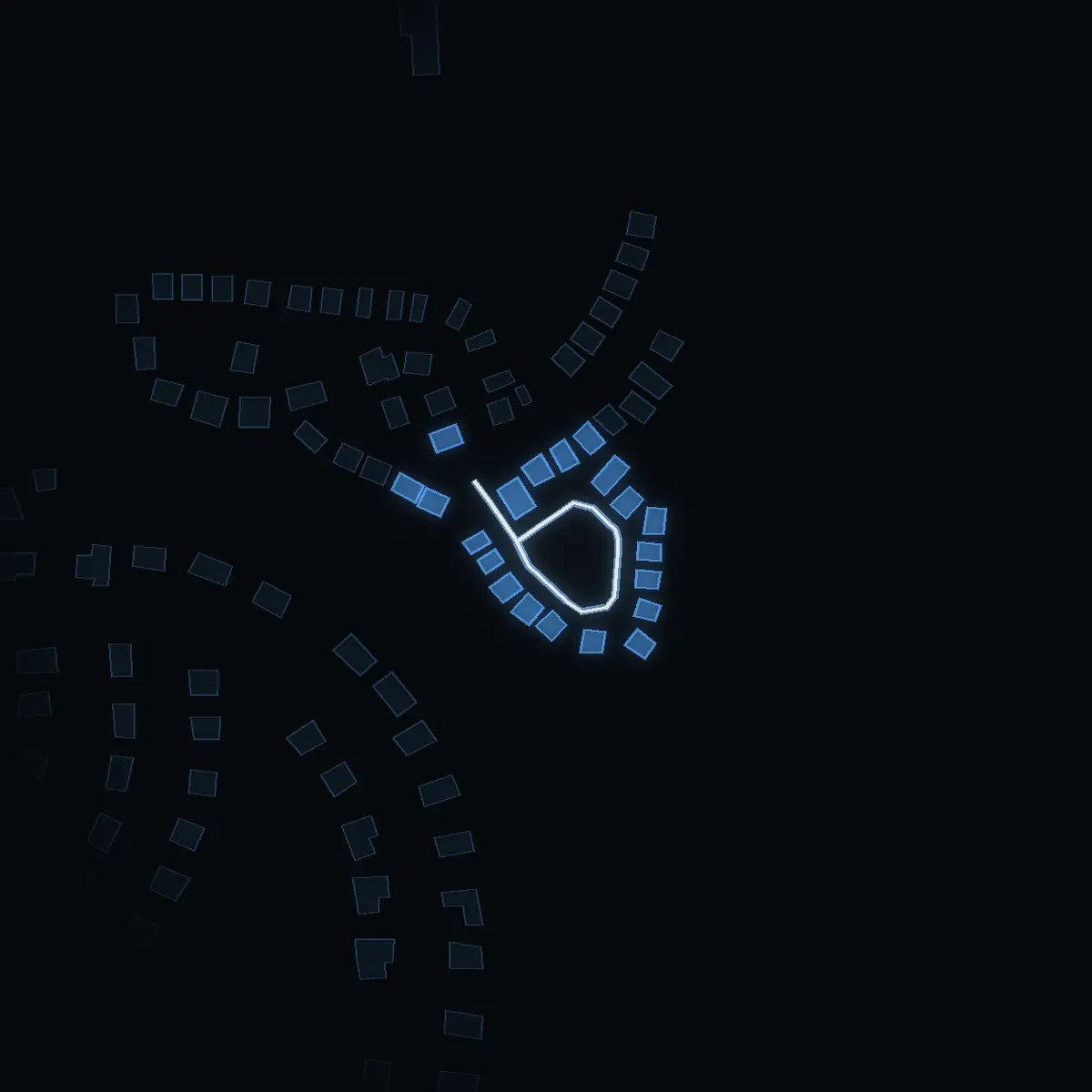 The street at night: Trädstigen drawn in white, its buildings lit in the colour of their area’s income