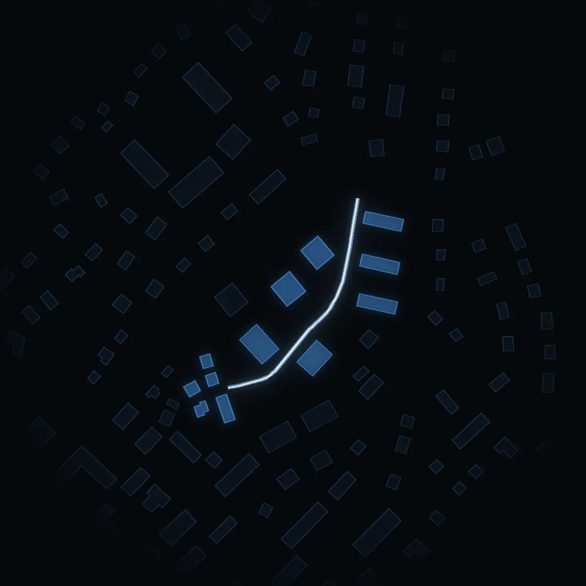 The street at night: Åkargränd drawn in white, its buildings lit in the colour of their area’s income