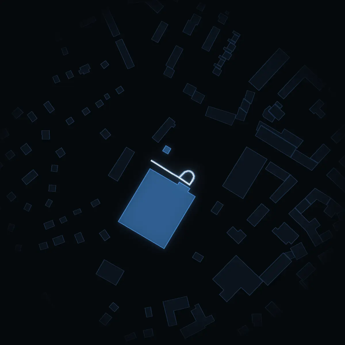 The street at night: Alkärrsplan drawn in white, its buildings lit in the colour of their area’s income