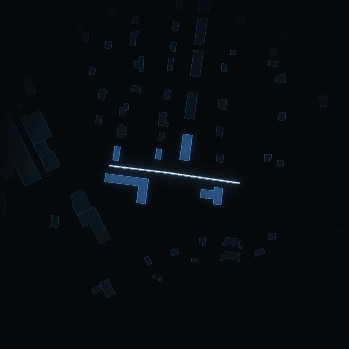 The street at night: Birkavägen drawn in white, its buildings lit in the colour of their area’s income