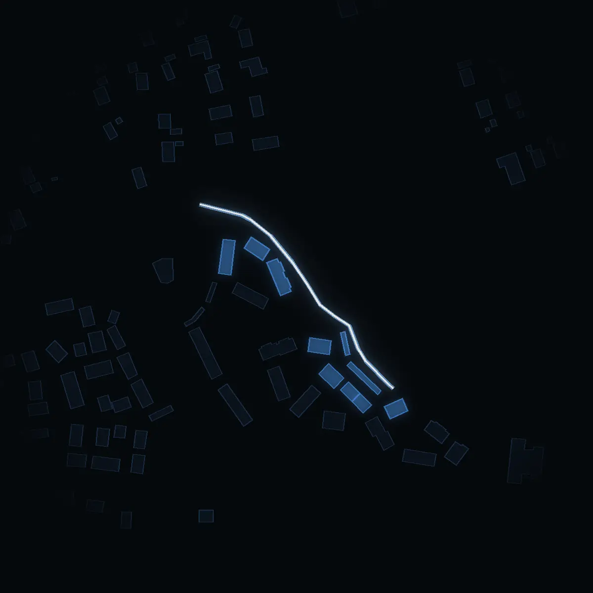 The street at night: Björnclous väg drawn in white, its buildings lit in the colour of their area’s income