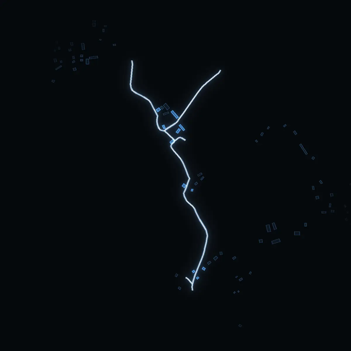 The street at night: Blistavägen drawn in white, its buildings lit in the colour of their area’s income